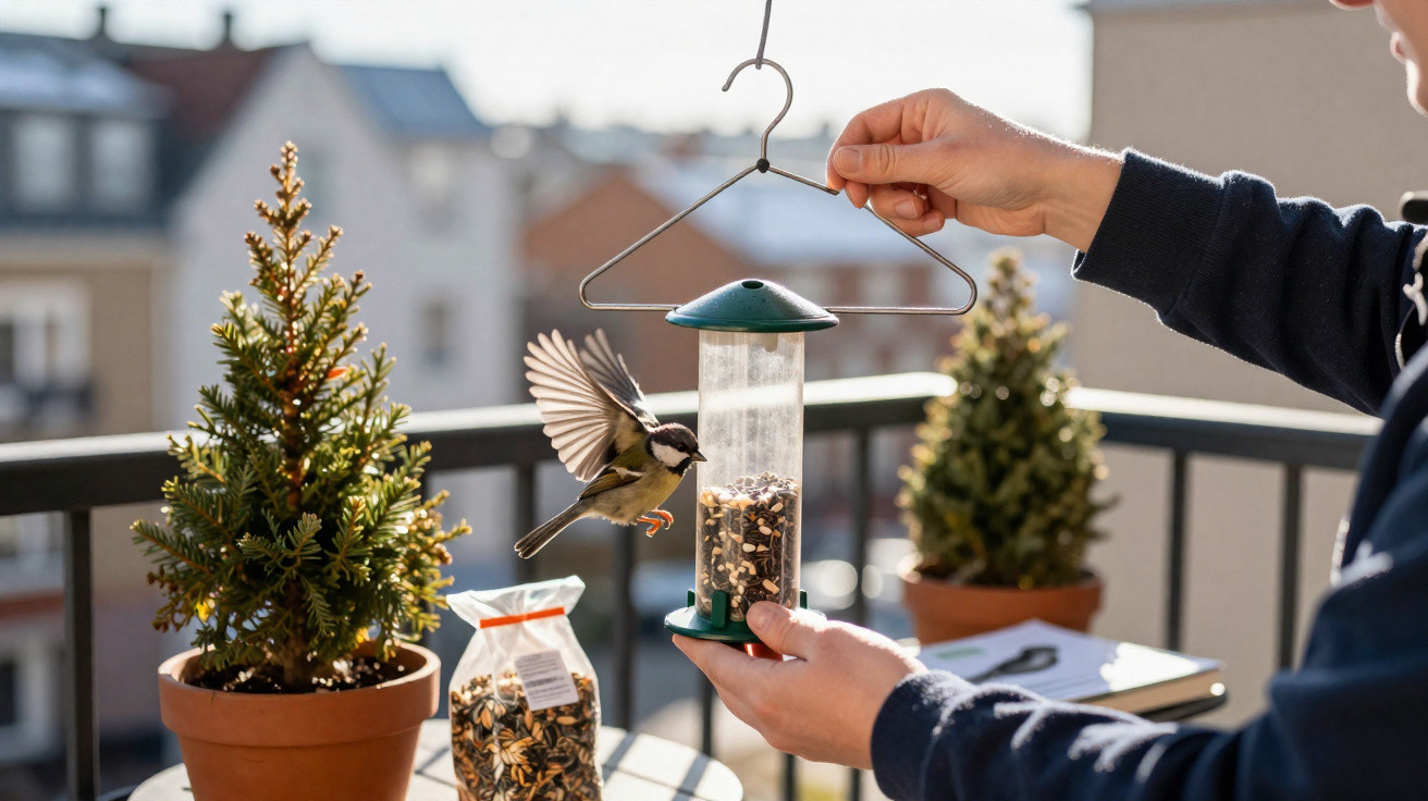 Pessoa a colocar comedouro para passarinho num terraço com plantas em vasos e saco de sementes.