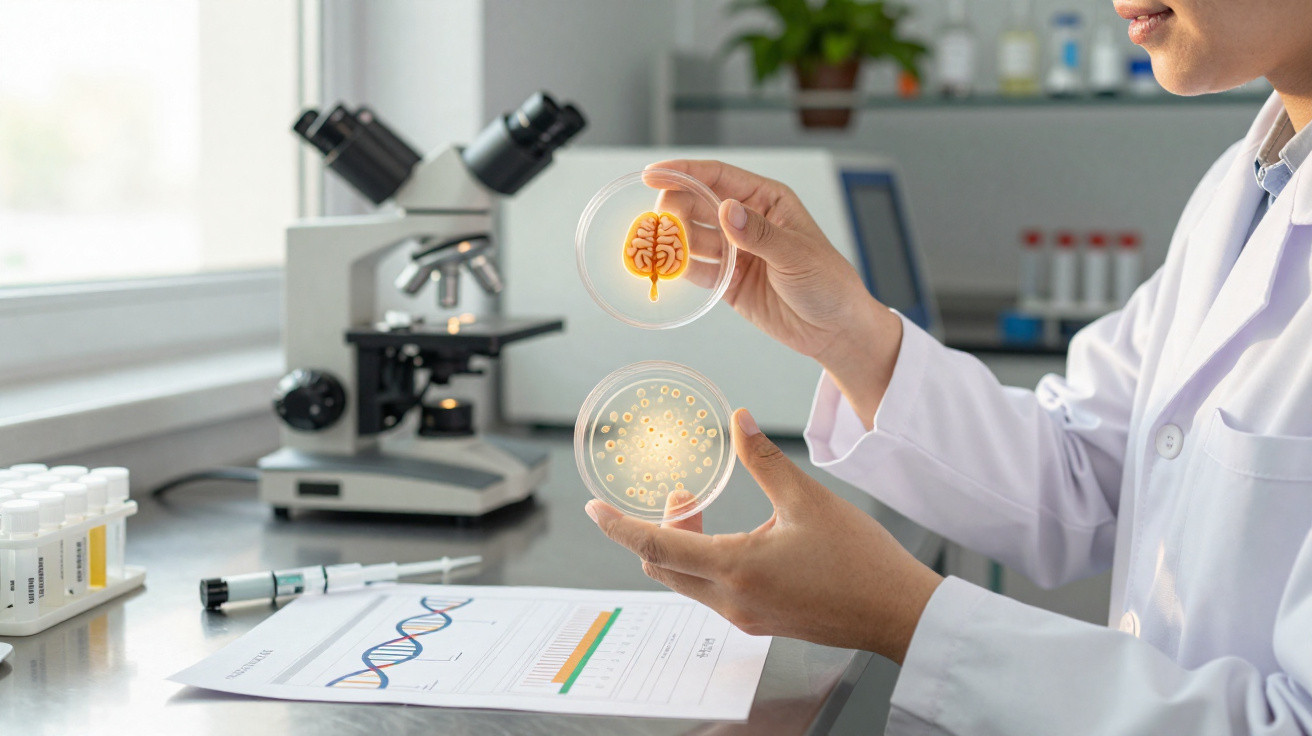 Cientista a segurar placas de Petri com modelos 3D de cérebro e bactérias em laboratório.
