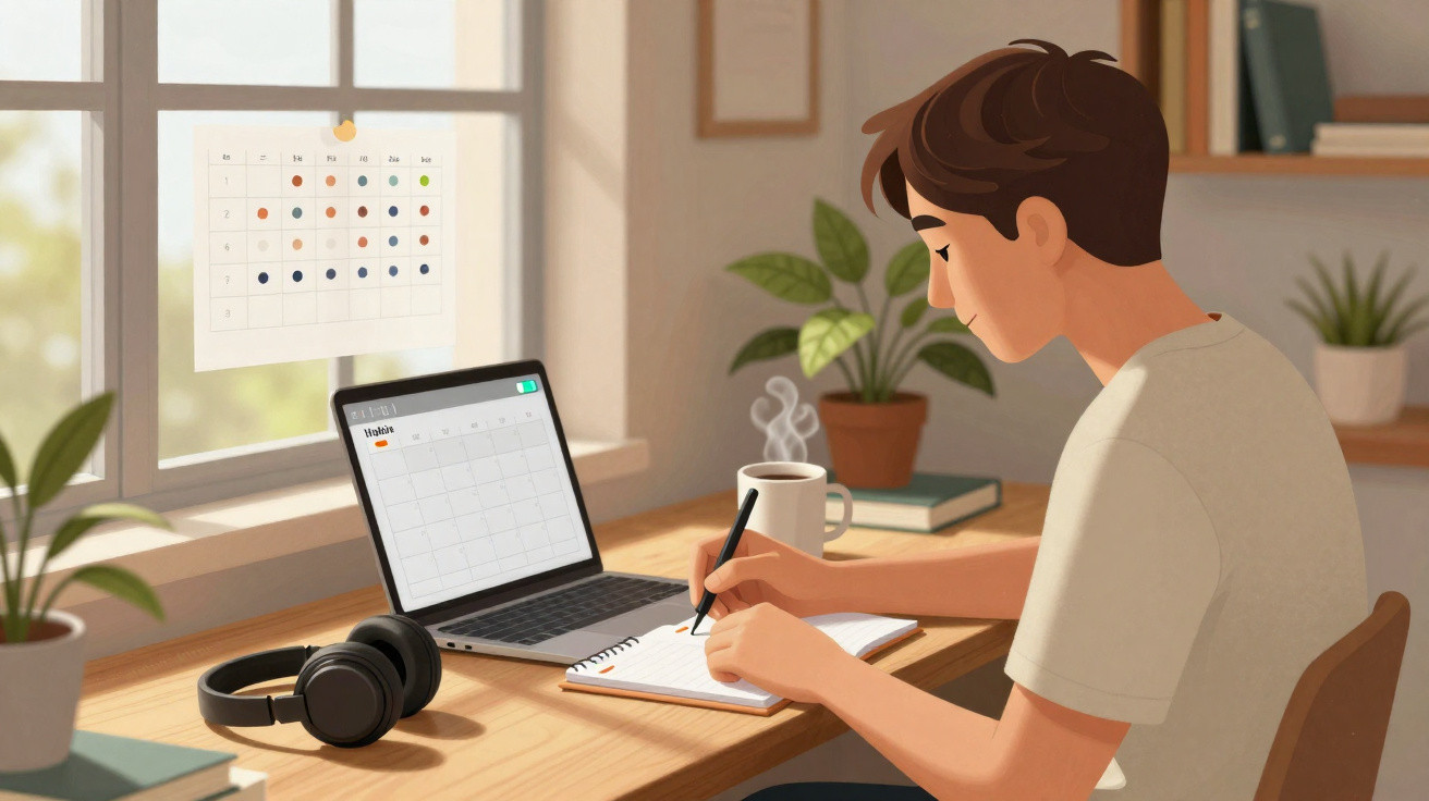 Pessoa a estudar num escritório em casa, com computador, caderno, e planta no ambiente iluminado.