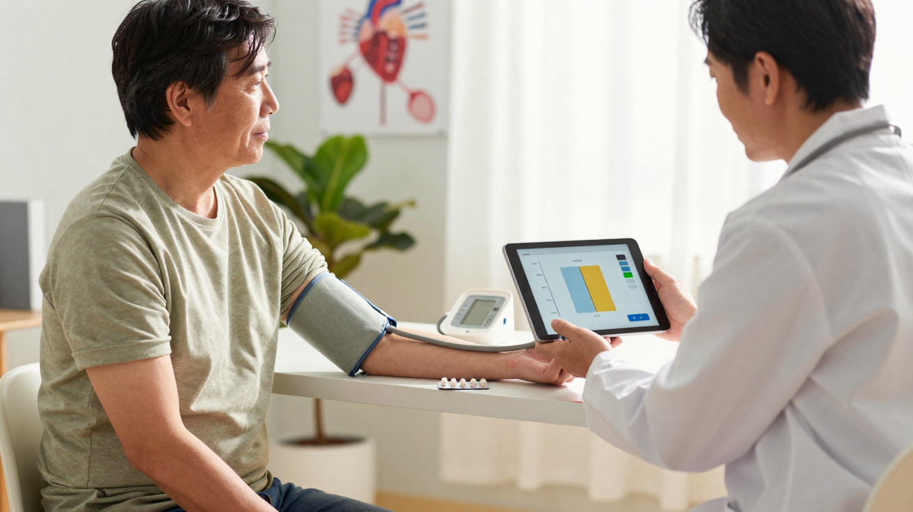 Médico mostra gráfico em tablet enquanto mede a tensão arterial de paciente num consultório.