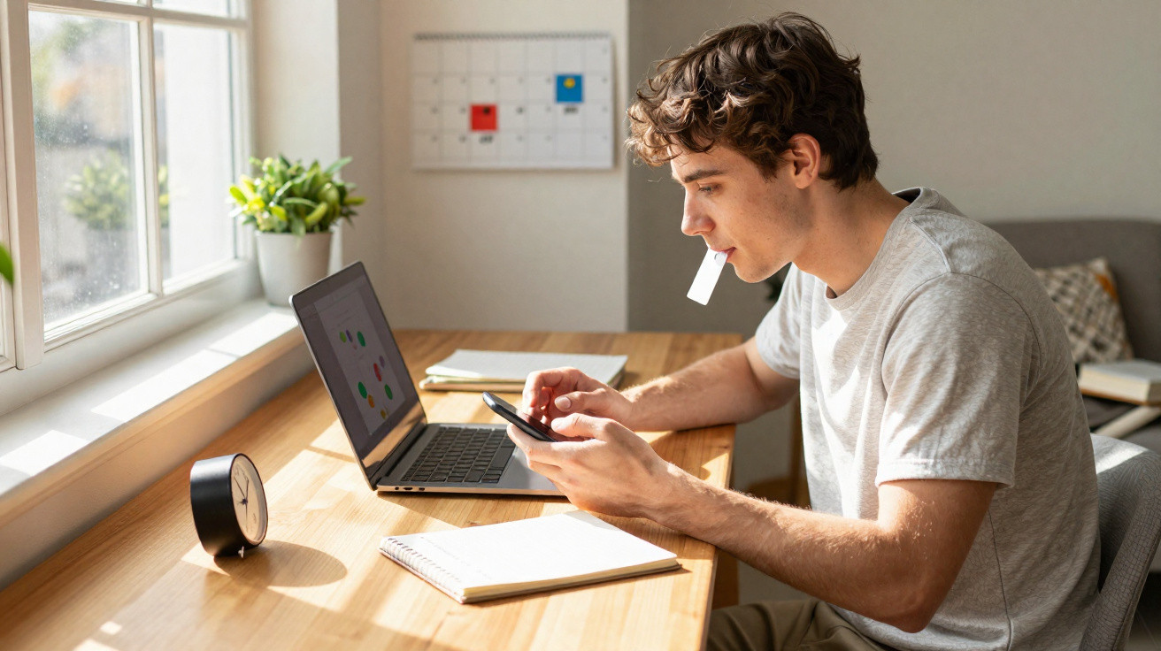 Homem jovem a trabalhar num computador portátil enquanto verifica o telemóvel junto a uma janela iluminada.