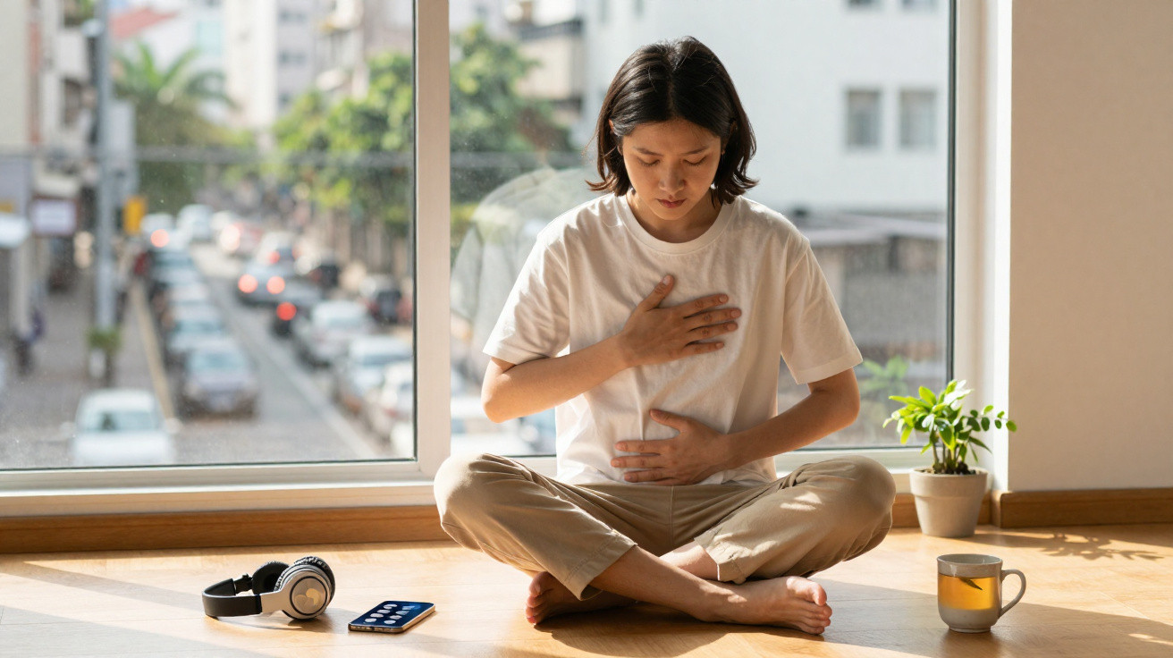 Pessoa sentada em posição de meditação junto a uma janela, com uma mão no peito e outra na barriga.