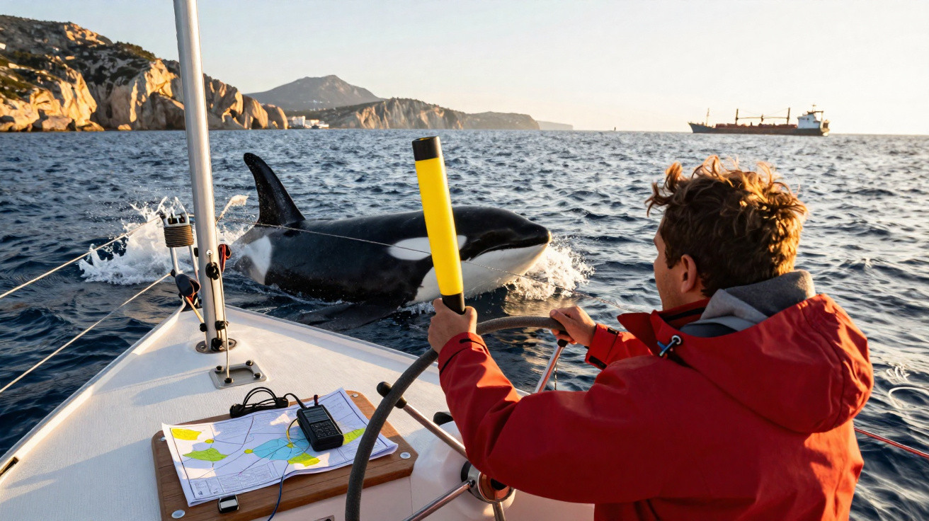 Pessoa num barco observa uma orca a saltar perto da embarcação no mar ao pôr do sol.
