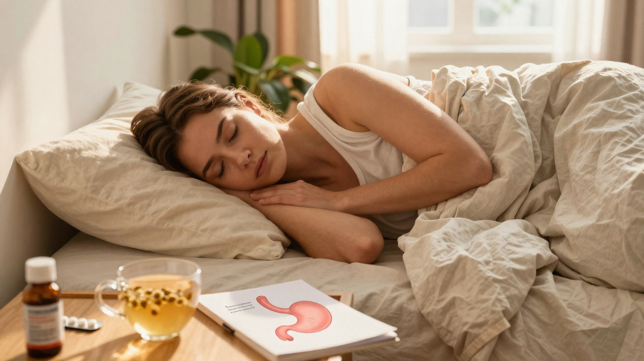 Mulher deitada na cama a dormir, com medicamento, chá e livro sobre estômago numa mesa ao lado.