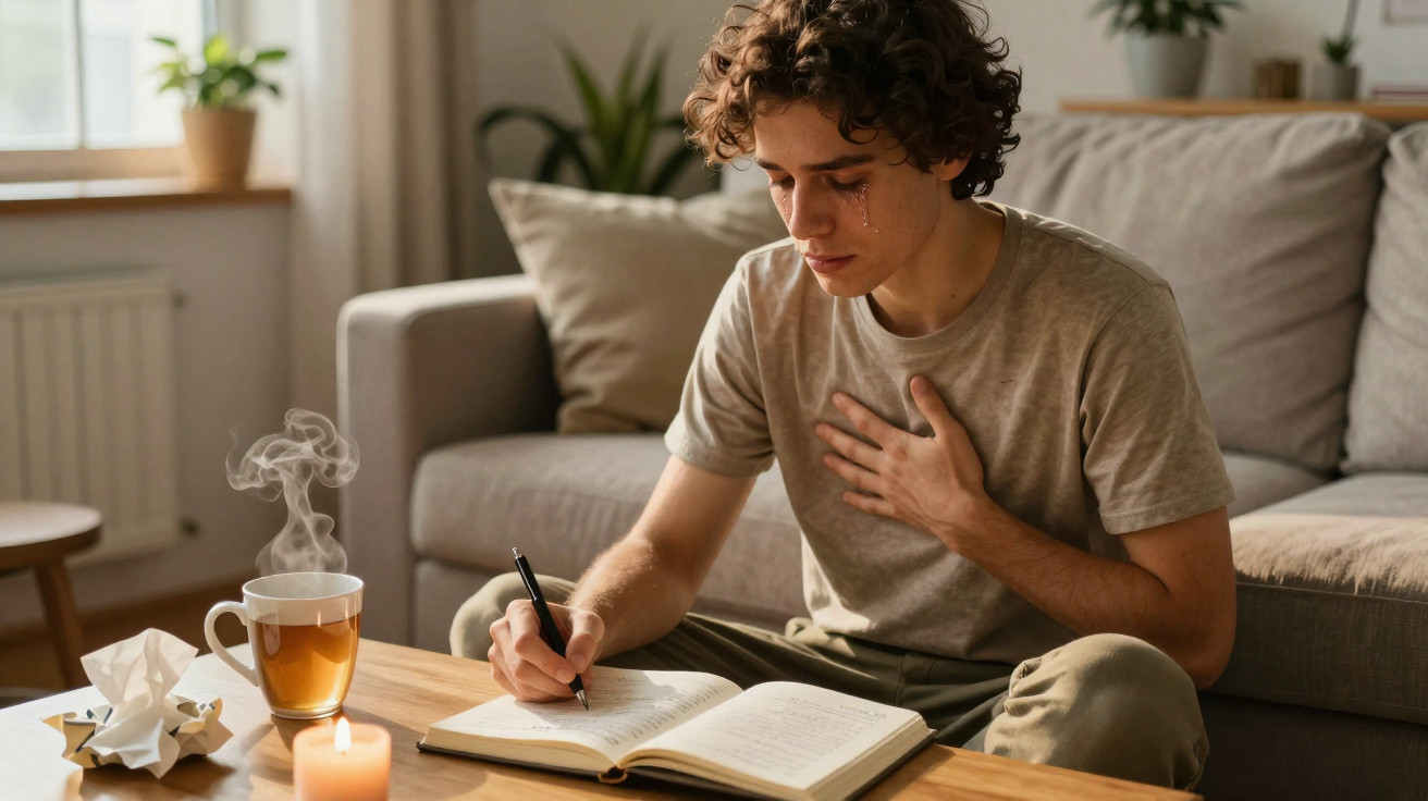 Jovem sentado no chão, emocionado, escreve num caderno com chá e vela numa mesa à frente.