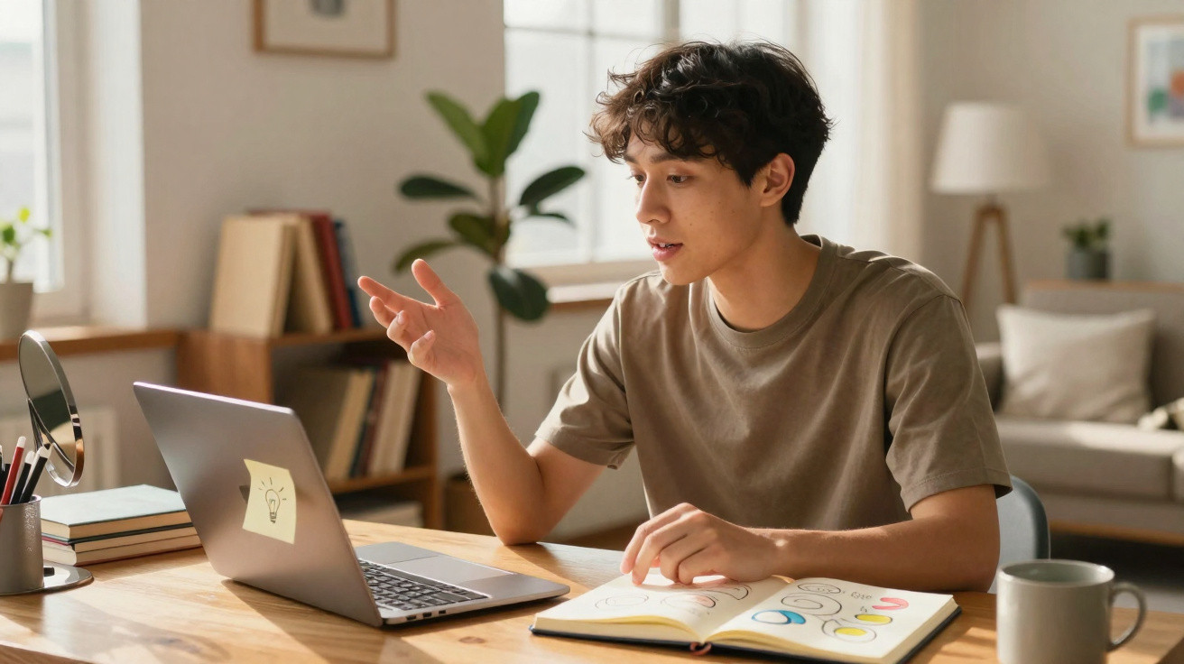 Jovem a trabalhar num computador portátil com caderno aberto, num ambiente doméstico iluminado.