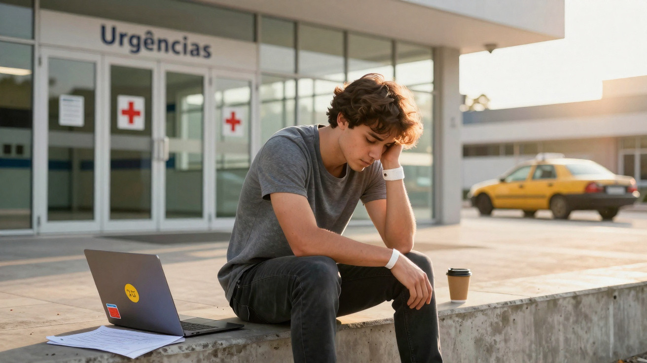 Jovem preocupado sentado em banco fora do serviço de urgências com portátil, documentos e café ao lado.