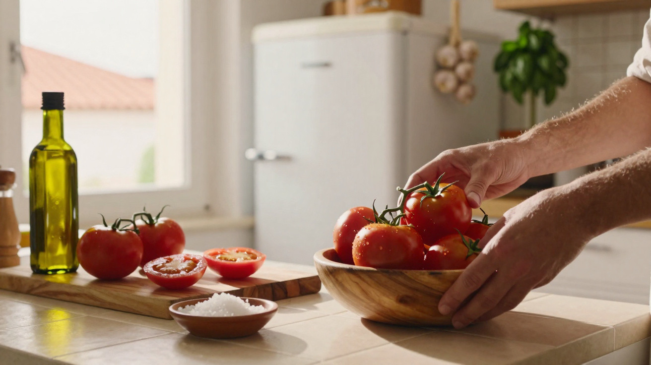 Mãos a colocar tomates vermelhos numa tigela de madeira numa cozinha com óleo, sal e tomate cortado.
