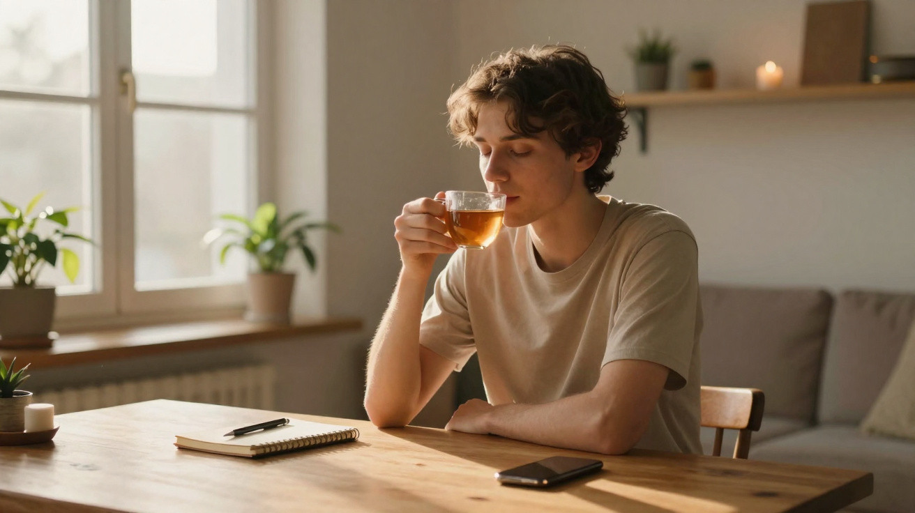 Jovem a beber chá sentado à mesa de madeira numa sala bem iluminada com plantas e caderno.