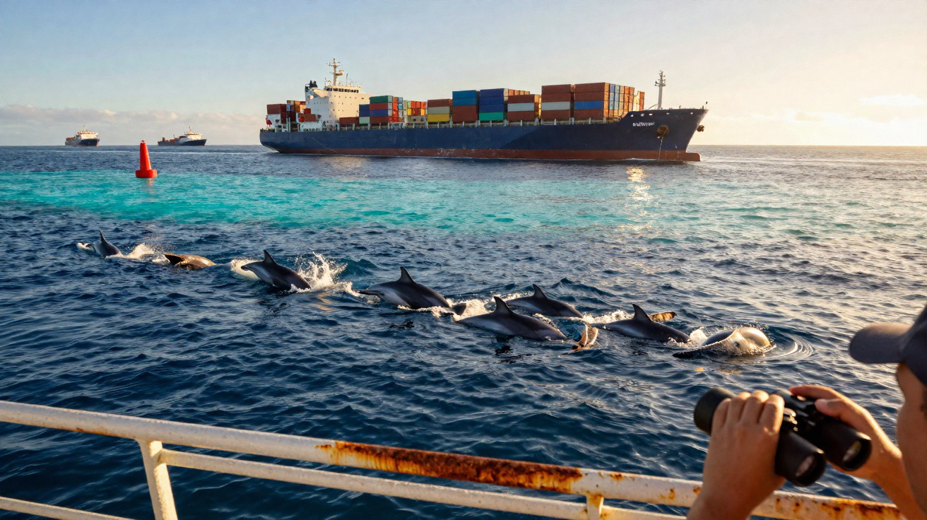 Grupo de golfinhos a nadar próximo a navios de carga com pessoa a observar com binóculos.
