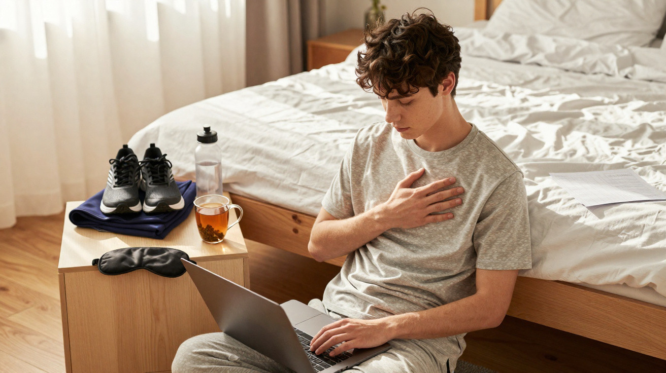Jovem sentado no chão do quarto com computador portátil, segurando o peito e aparentando desconforto.