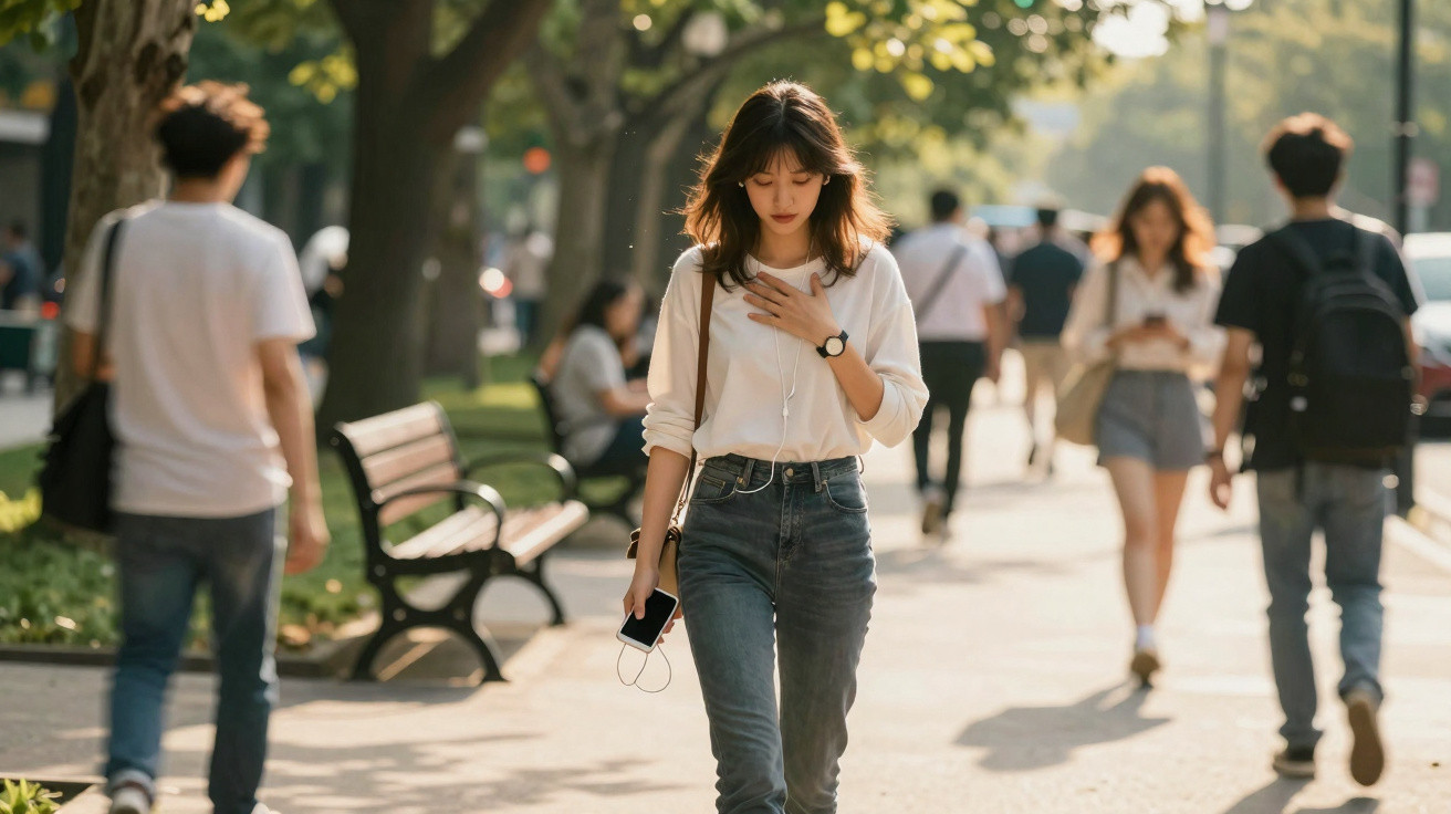 Jovem mulher a caminhar num parque urbano com outros transeuntes ao fundo num dia soalheiro.