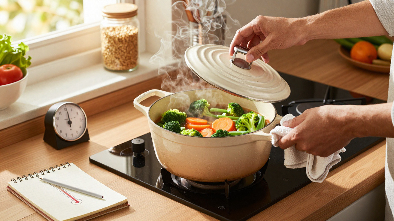 Mãos a levantar a tampa de panela com legumes coloridos a cozinhar no fogão a gás numa cozinha iluminada.