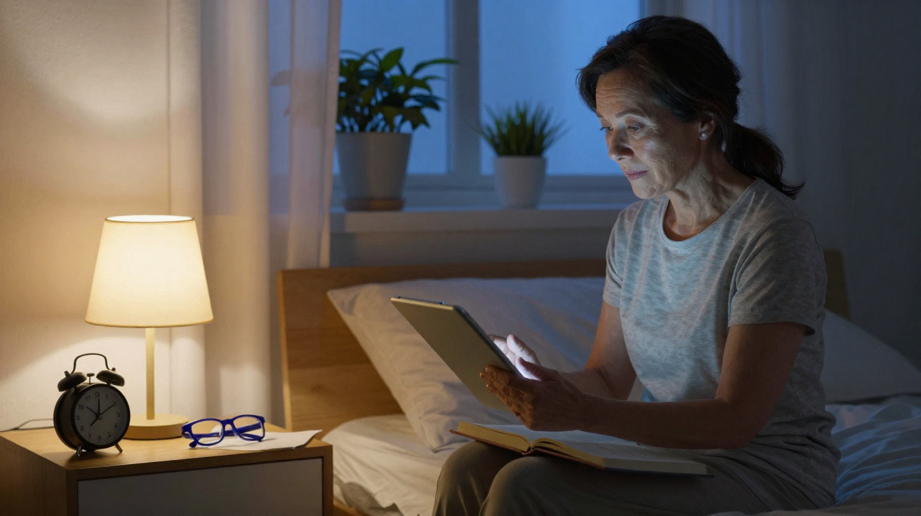 Mulher sentada na cama a usar tablet com luz de candeeiro e relógio numa mesa de cabeceira à noite.