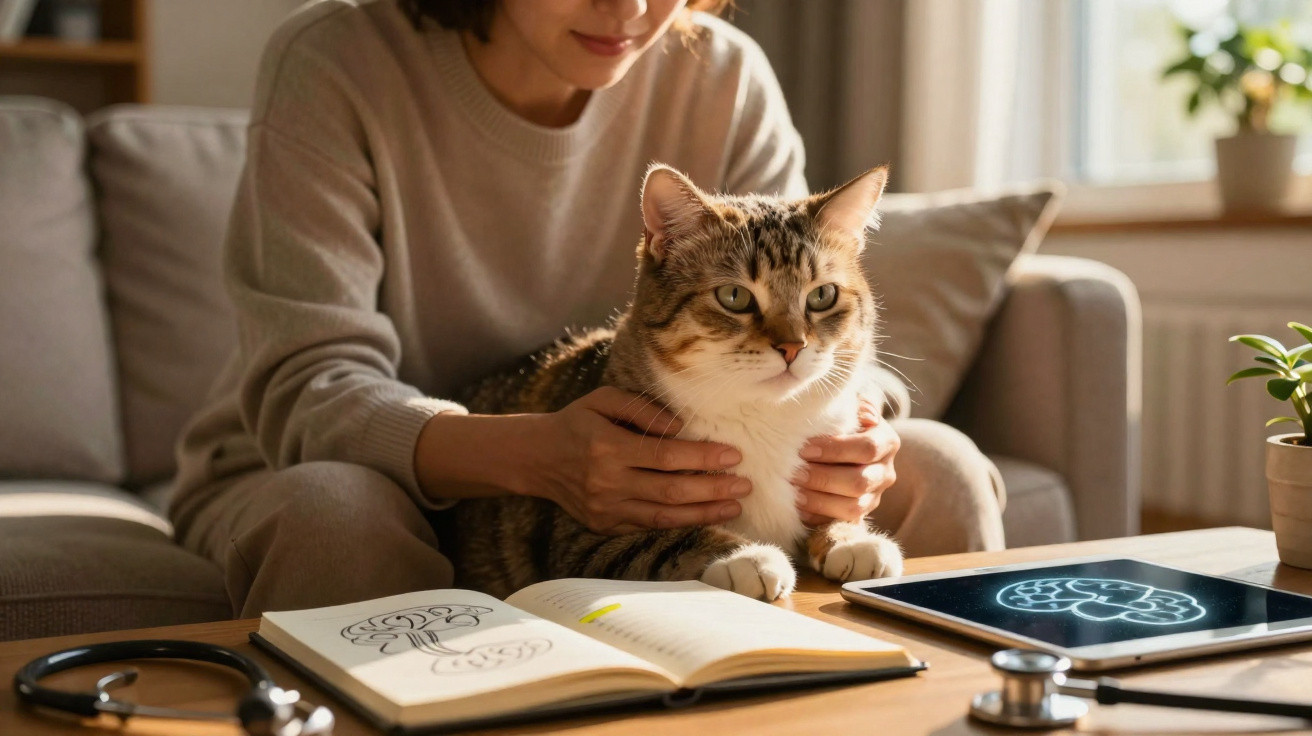 Pessoa segura gato sentado à mesa com livro de desenhos e tablet com imagem de cérebro mostrando estudo veterinário.