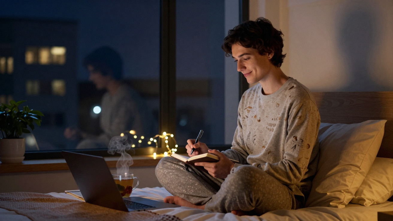 Jovem sentado na cama, a escrever num caderno com um computador e chá ao lado, noite com luzes suaves.