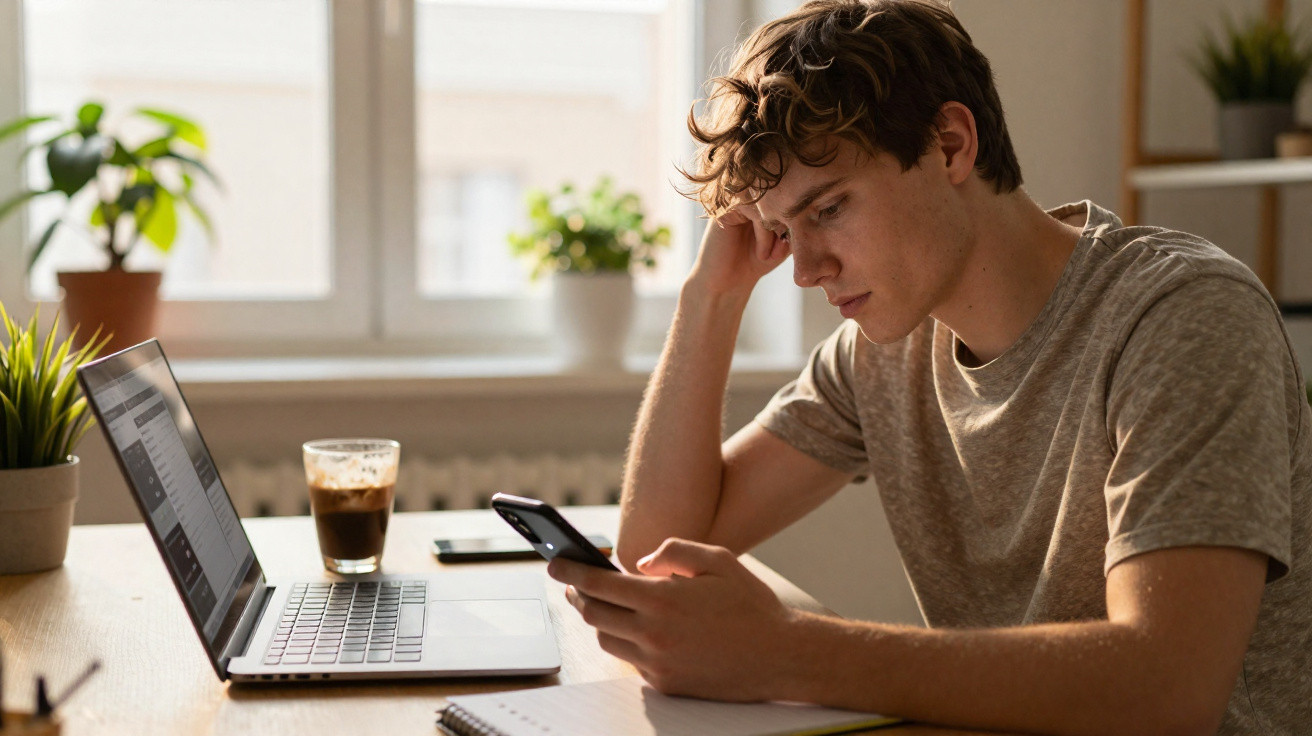 Jovem sentado a trabalhar no computador e a usar o telemóvel numa mesa com plantas e um café.