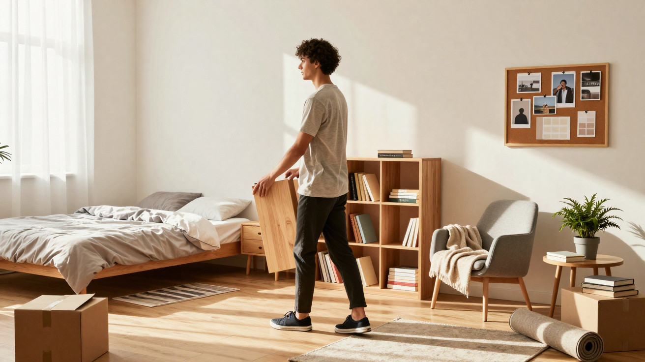 Jovem a organizar um quarto iluminado, segurando uma peça de móvel de madeira perante uma cama e estante.