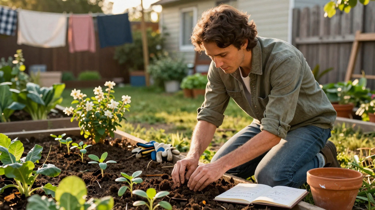 Homem a plantar mudas numa horta caseira com livro aberto e luvas junto durante o dia.