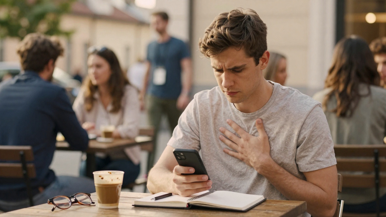 Jovem preocupado consulta telemóvel numa esplanada com caderno, café e óculos na mesa.