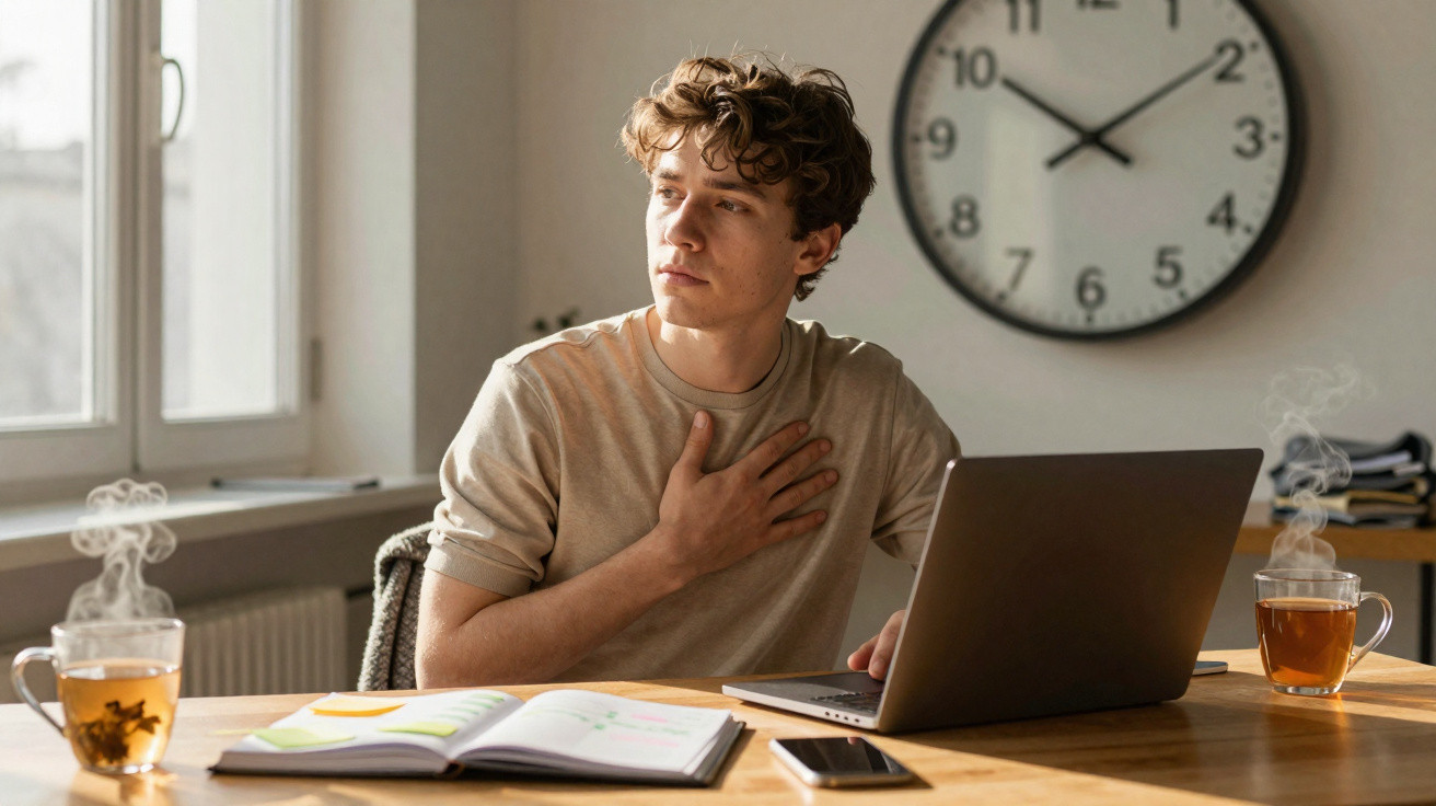 Jovem sentado à mesa com portátil, segurando o peito e parecendo desconfortável, com chá e caderno à sua frente.