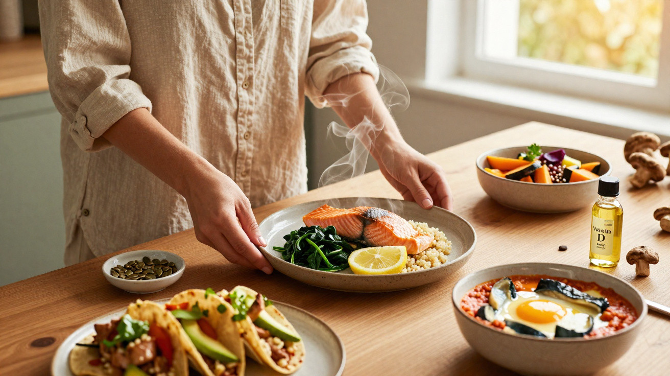 Pessoa a servir prato com salmão, legumes e quinoa numa mesa com outras refeições saudáveis variadas.