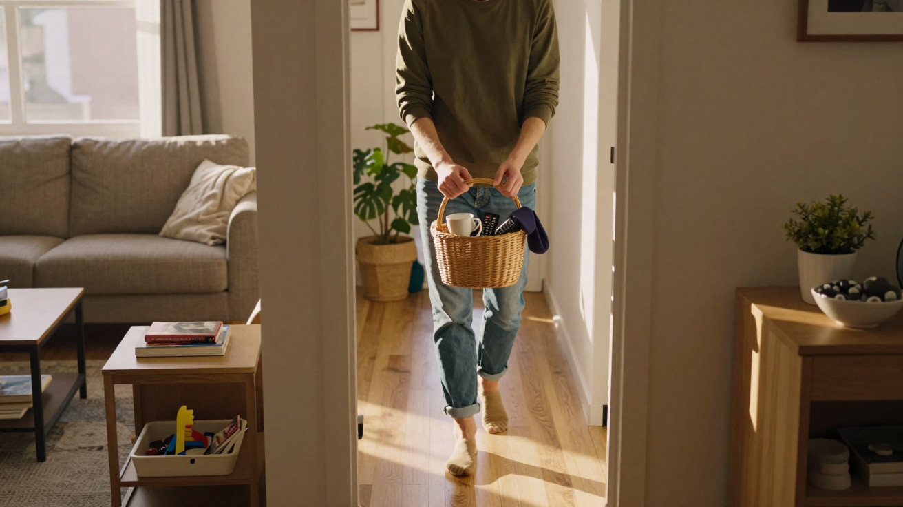 Pessoa de roupa casual a andar num corredor de casa, a segurar uma cesta de verga com objetos dentro.