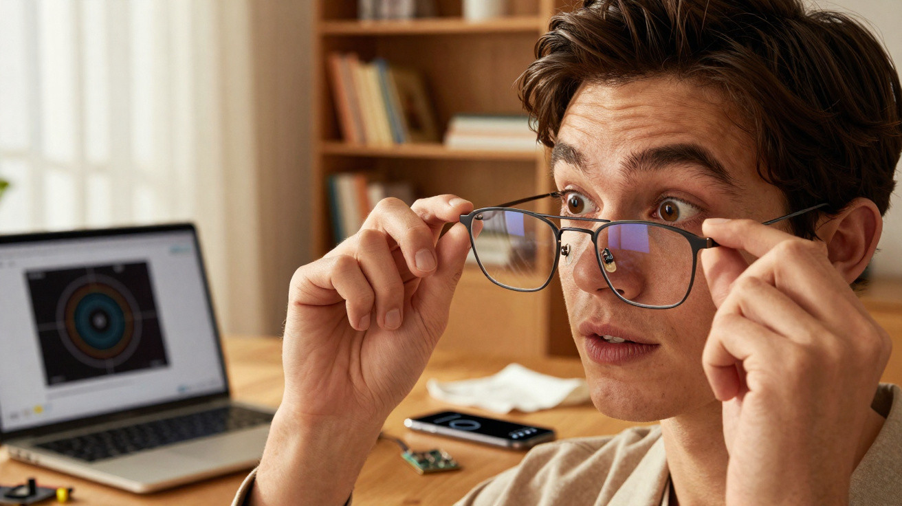 Jovem a colocar óculos e a olhar para algo à sua frente com computador portátil e móvel numa mesa ao fundo.