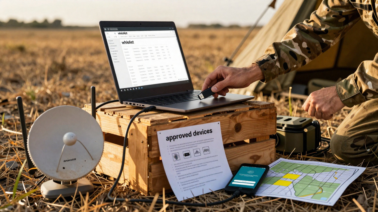 Homem em camuflado a usar computador portátil e rádio num campo seco junto a equipamento de comunicação e mapas.