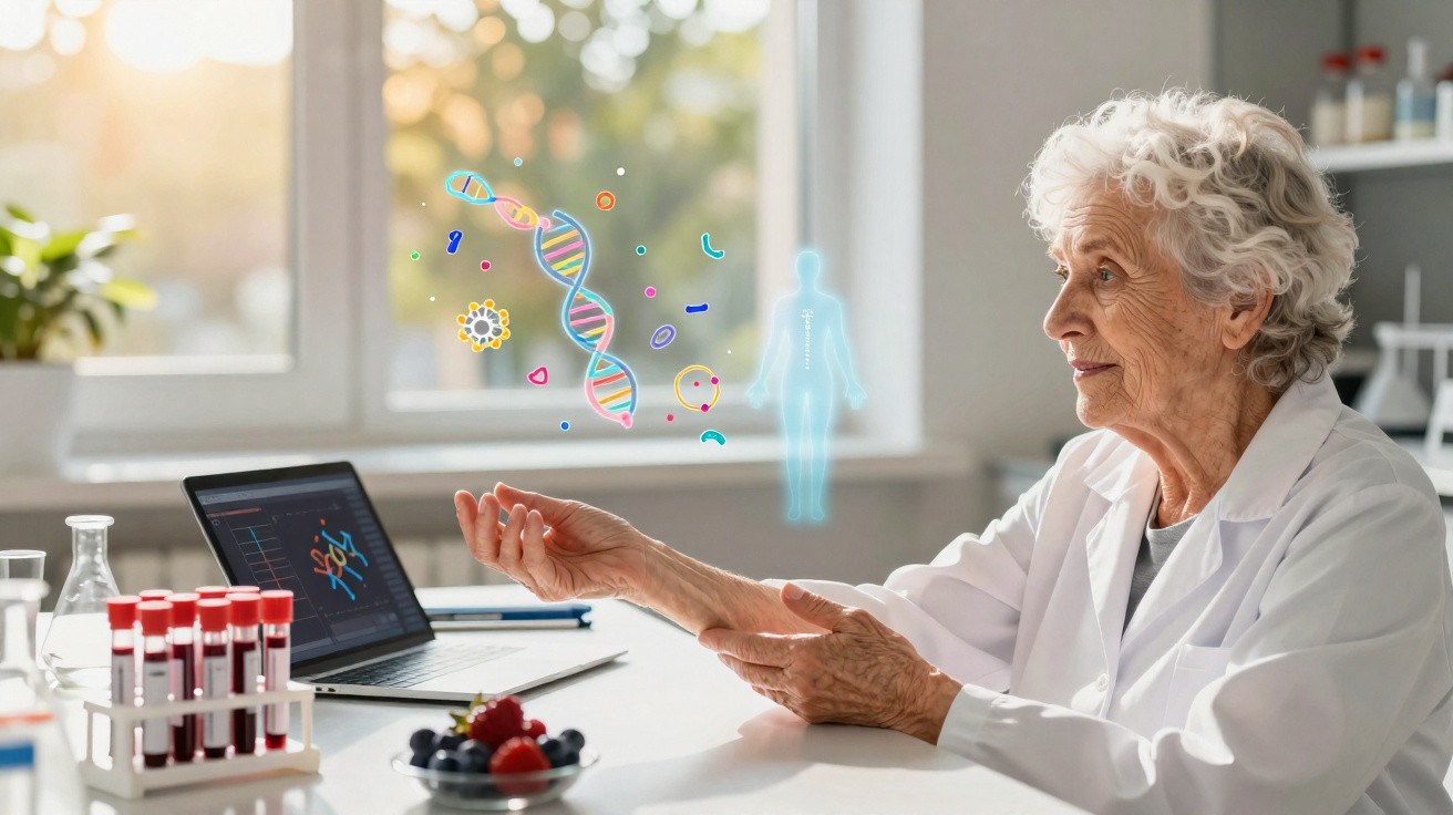 Cientista sénior em laboratório com representação digital de DNA e corpo humano em ambiente iluminado.