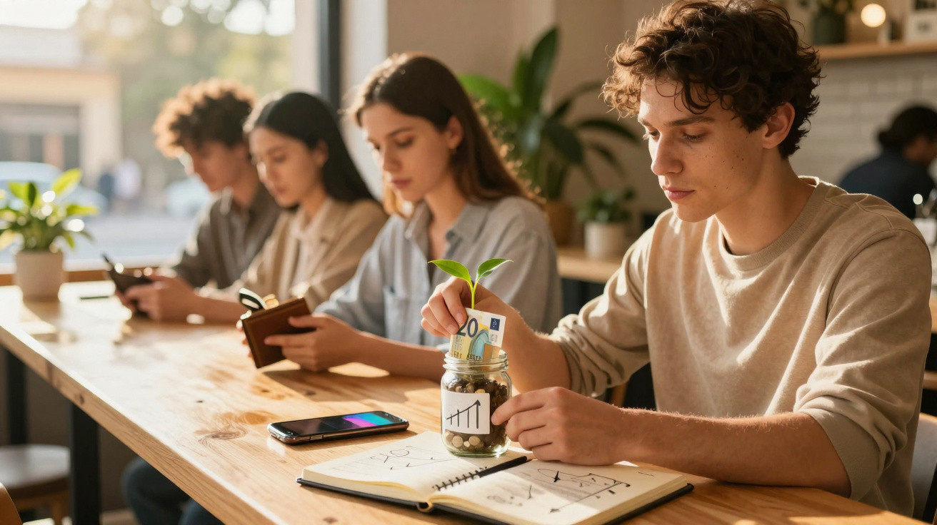 Jovem coloca nota de euro num frasco com planta, simbolizando poupança e crescimento financeiro.