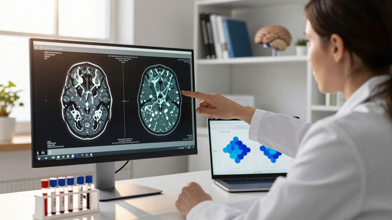 Médica a analisar imagens de ressonância magnética cerebral num ecrã de computador num consultório médico.
