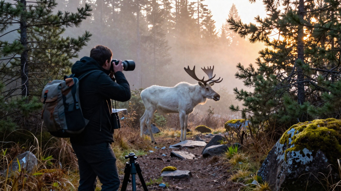 Fotógrafo a tirar foto a um alce branco numa floresta durante o pôr do sol.