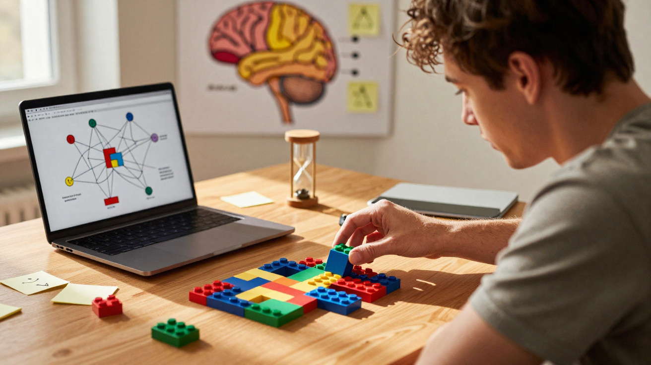 Jovem a montar peças coloridas de LEGO num ambiente de estudo com gráfico no computador e póster do cérebro.