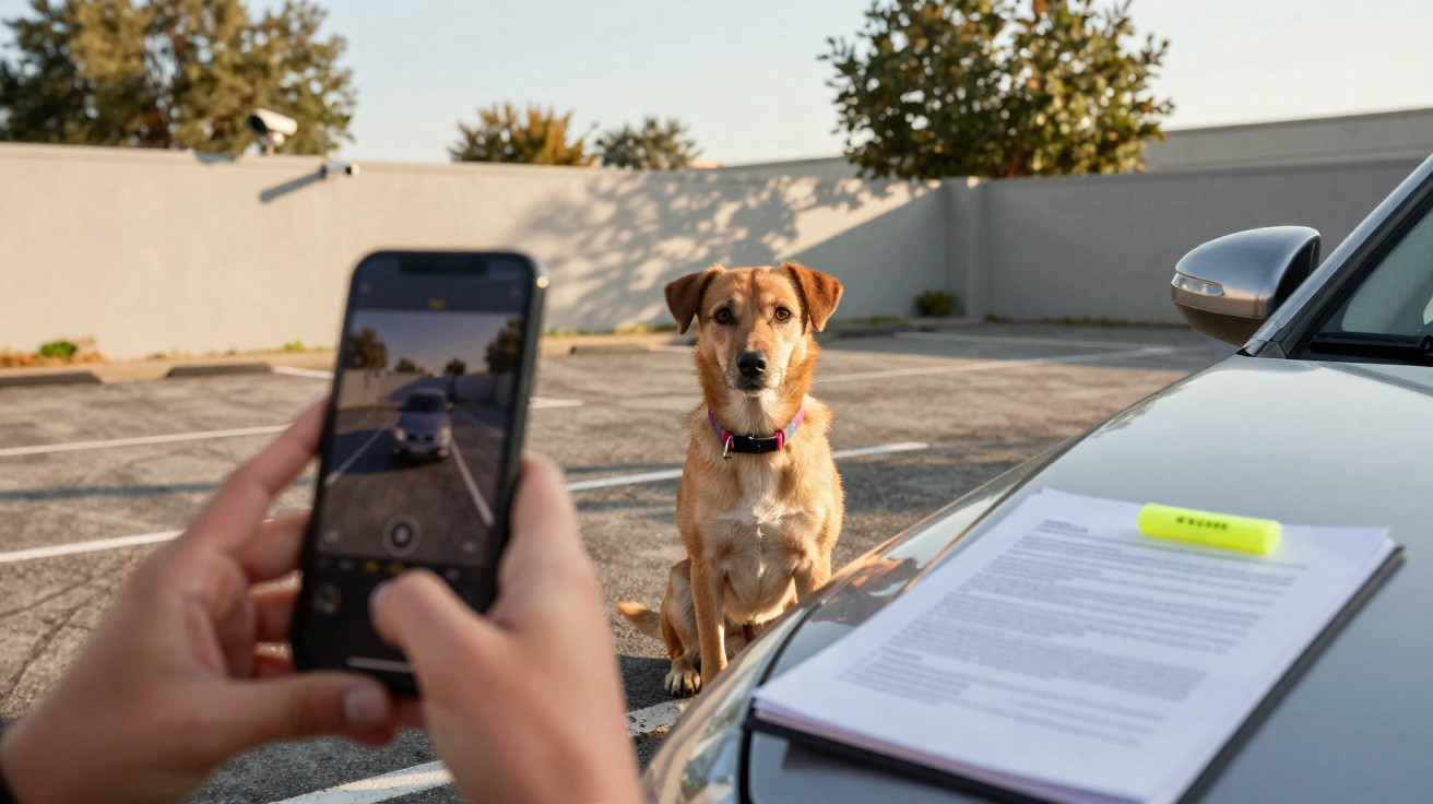Pessoa a tirar foto de uma viatura estacionada com multa no capô e um cão sentado próximo no parque de estacionamento.