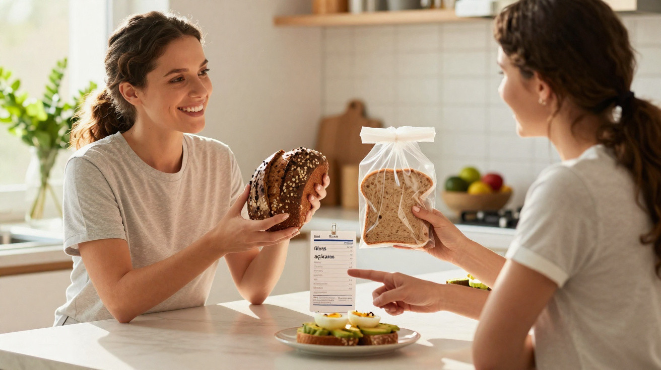 Duas mulheres sentadas à mesa na cozinha, trocando diferentes tipos de pão e sorrindo.