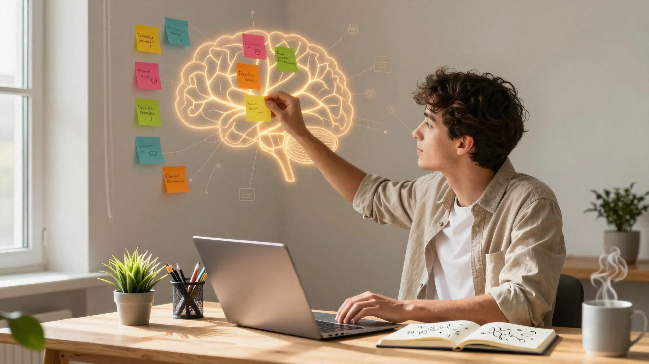 Jovem a trabalhar em computador com notas autocolantes e ilustração de cérebro iluminada na parede.