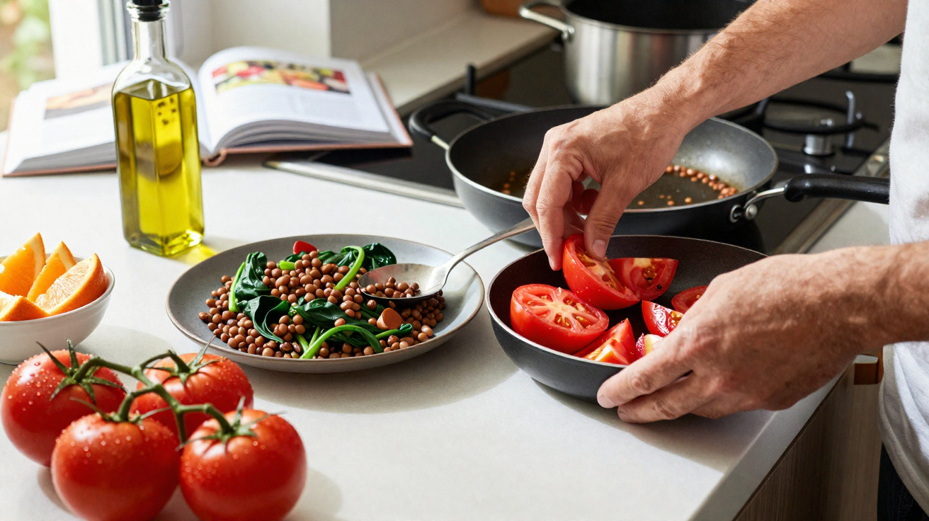 Pessoa a preparar salada com tomate, lentilhas e espinafres numa cozinha, com ingredientes frescos à vista.