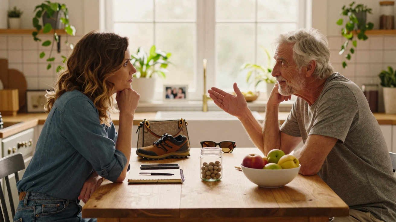 Homem e mulher sentados à mesa da cozinha, conversando de frente, com fruteira e objetos sobre a mesa.