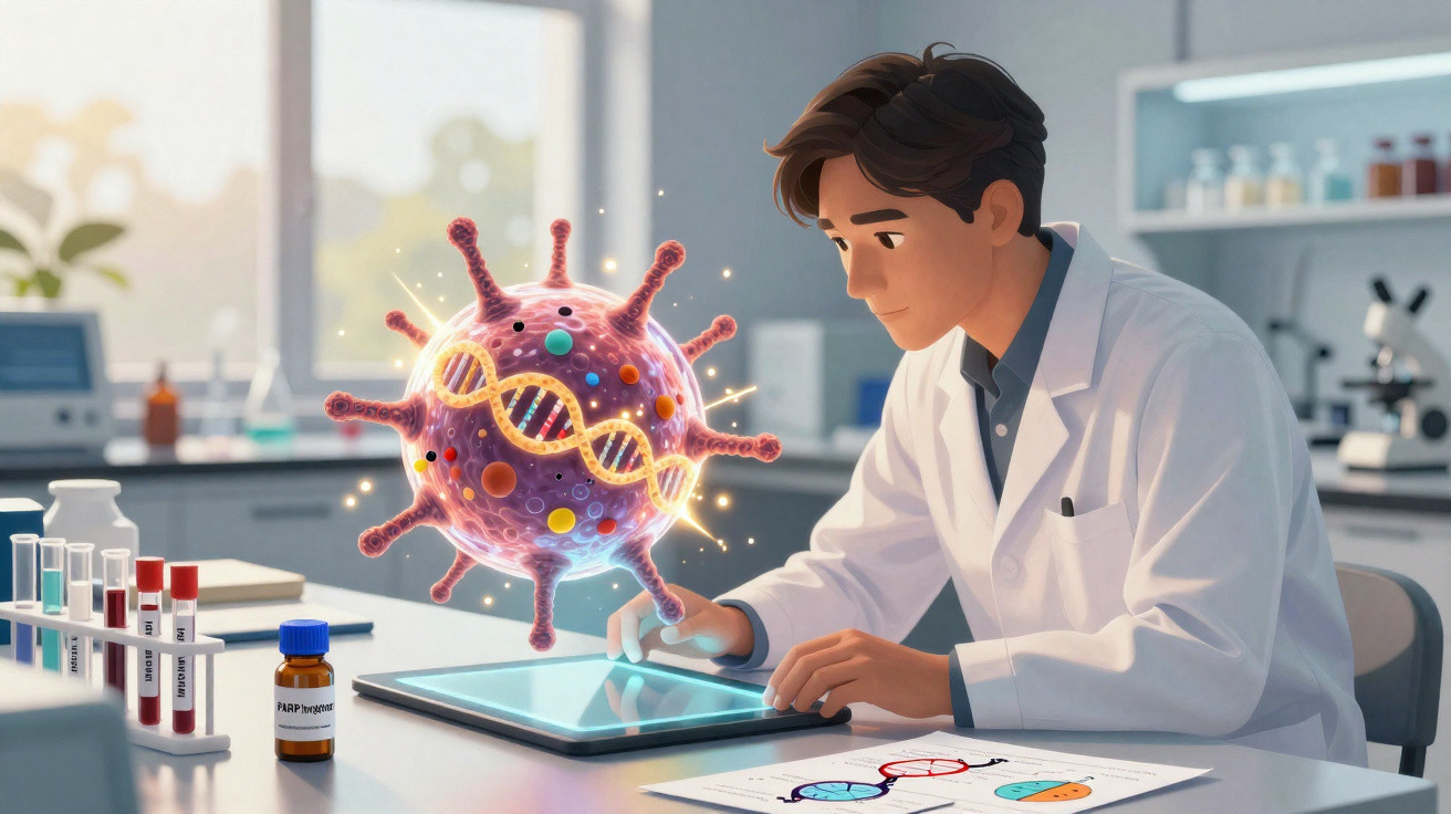Cientista num laboratório a analisar um vírus com representação de ADN num ambiente tecnológico.