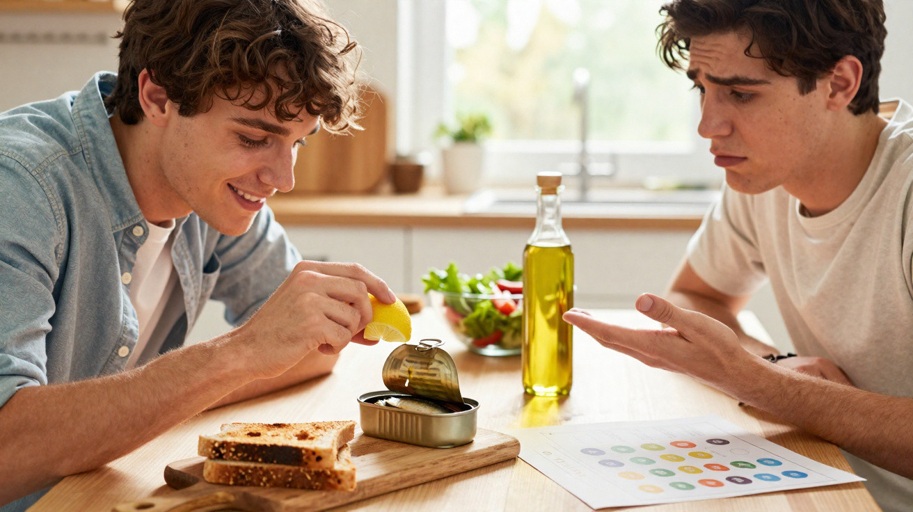 Dois jovens à mesa, um espremendo limão numa lata de sardinhas e o outro com expressão confusa.