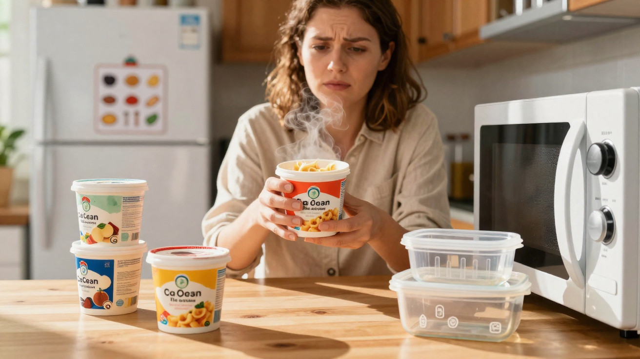 Mulher preocupa-se ao segurar comida quente a sair de um recipiente perto de micro-ondas na cozinha.