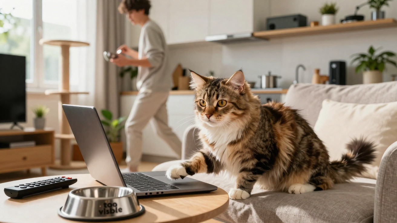 Gato tigrado a tocar num computador portátil numa sala, com uma pessoa desfocada ao fundo na cozinha.