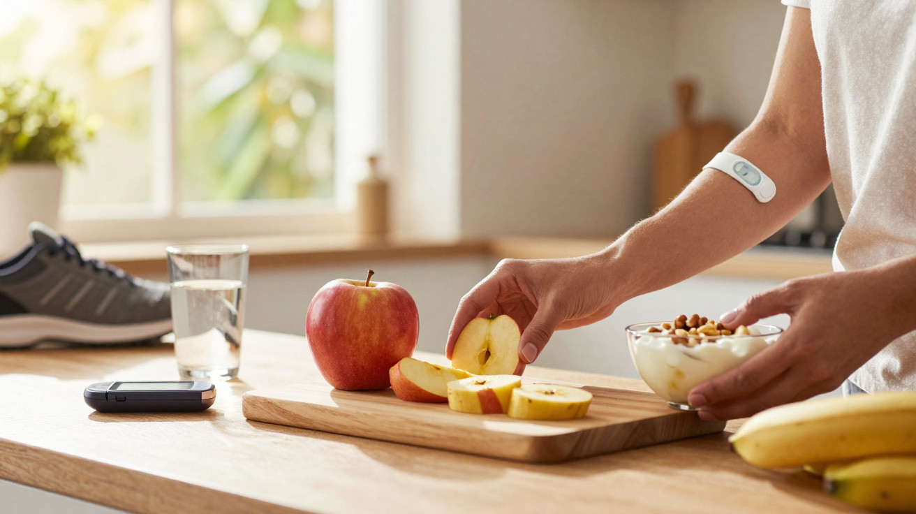Pessoa a preparar uma refeição saudável com maçã fatiada e iogurte com frutos secos numa cozinha iluminada.