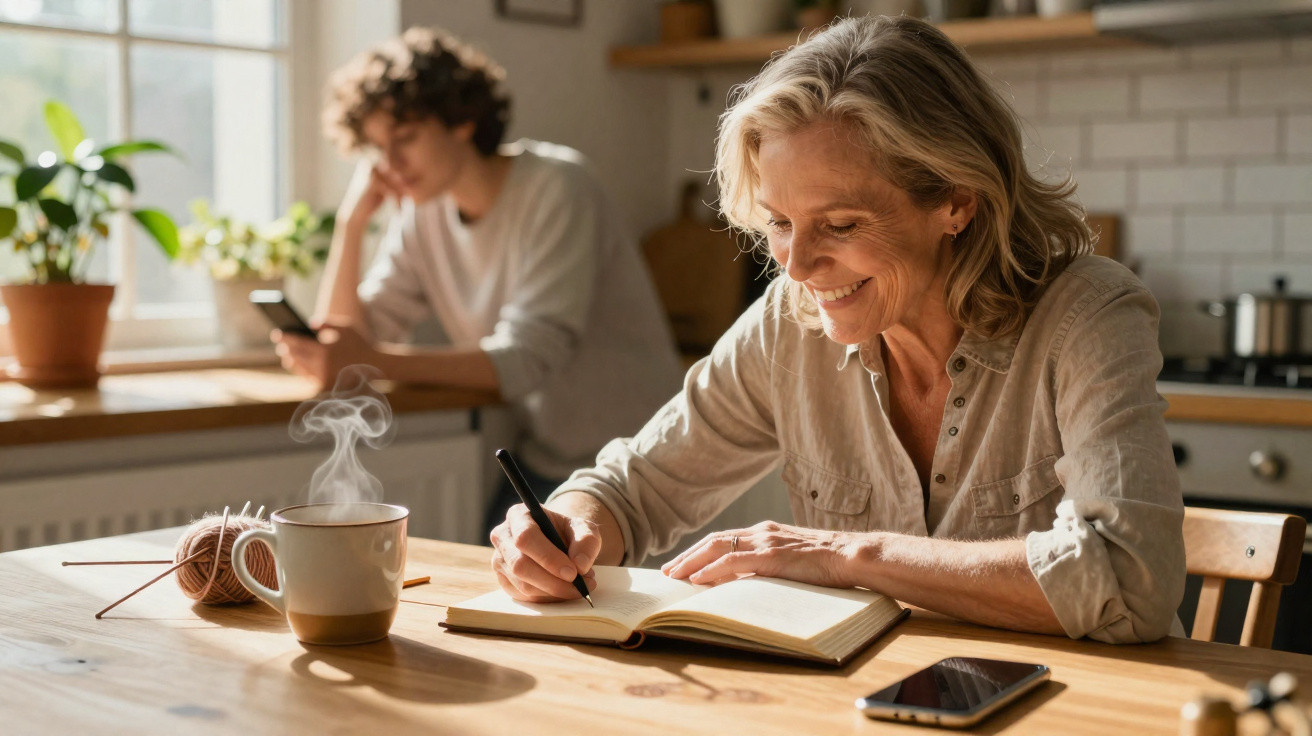 Mulher sorridente a escrever num caderno na cozinha enquanto uma pessoa ao fundo usa o telemóvel junto à janela.