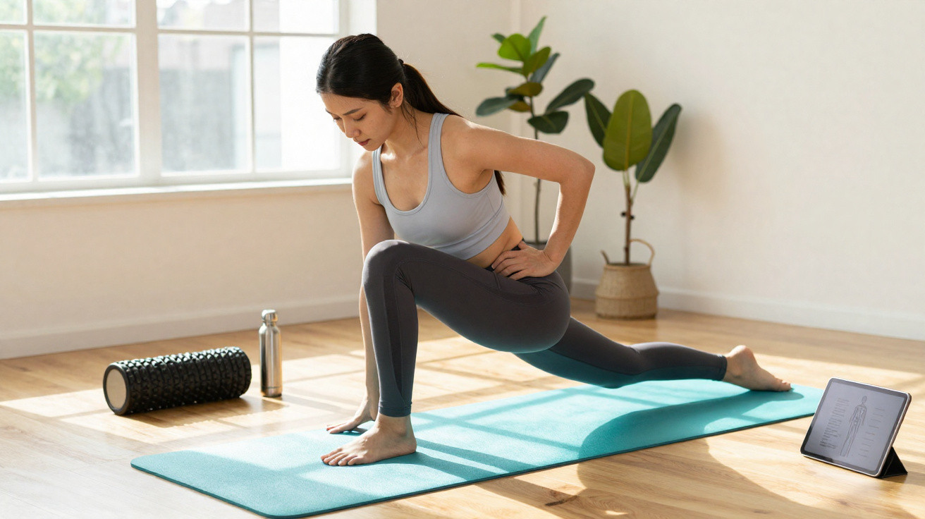 Mulher a alongar-se numa sala iluminada, com tapete de yoga, rolo de espuma e tablet ao lado.
