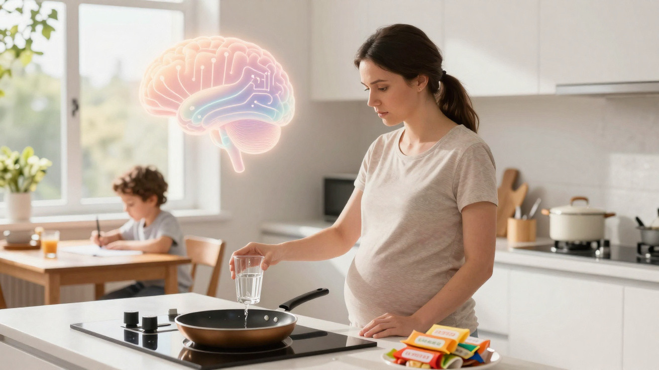 Mulher grávida a cozinhar, criança a estudar ao fundo e ilustração de cérebro na cozinha iluminada.