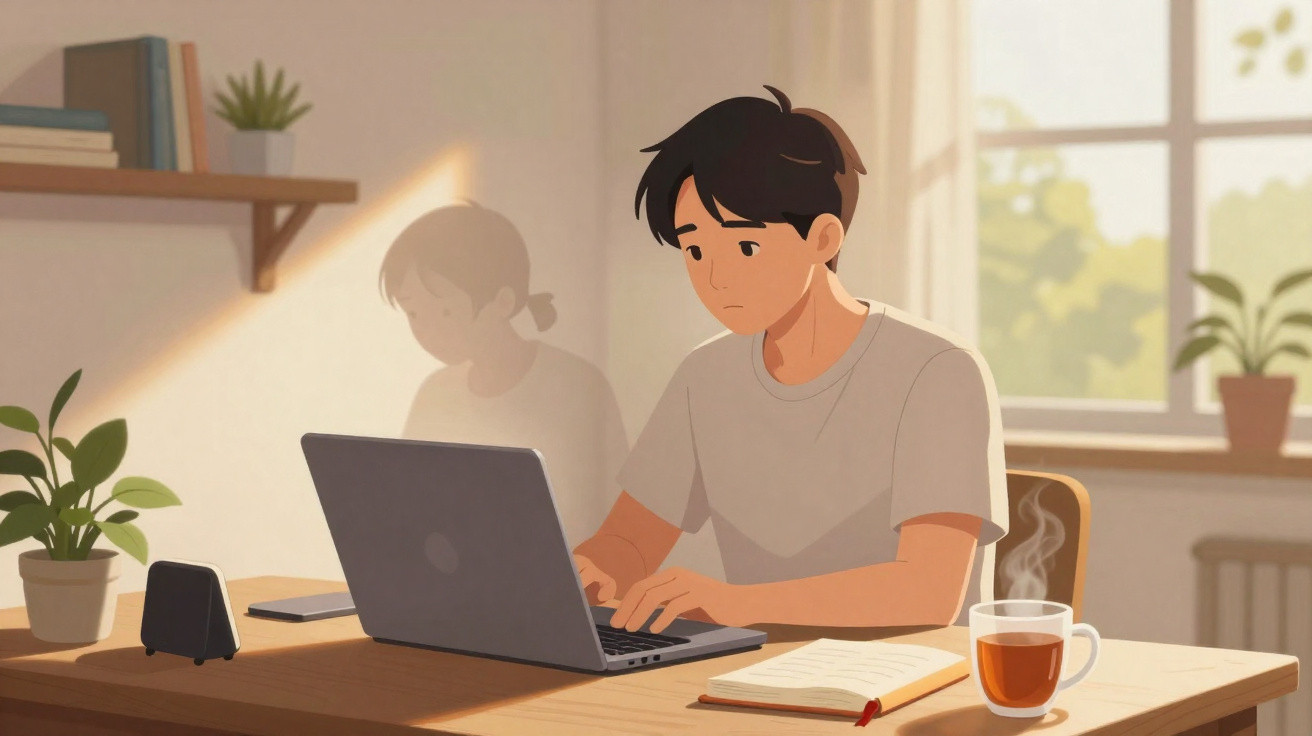 Jovem a trabalhar no computador num ambiente acolhedor com chá, livro aberto e plantas decorativas.