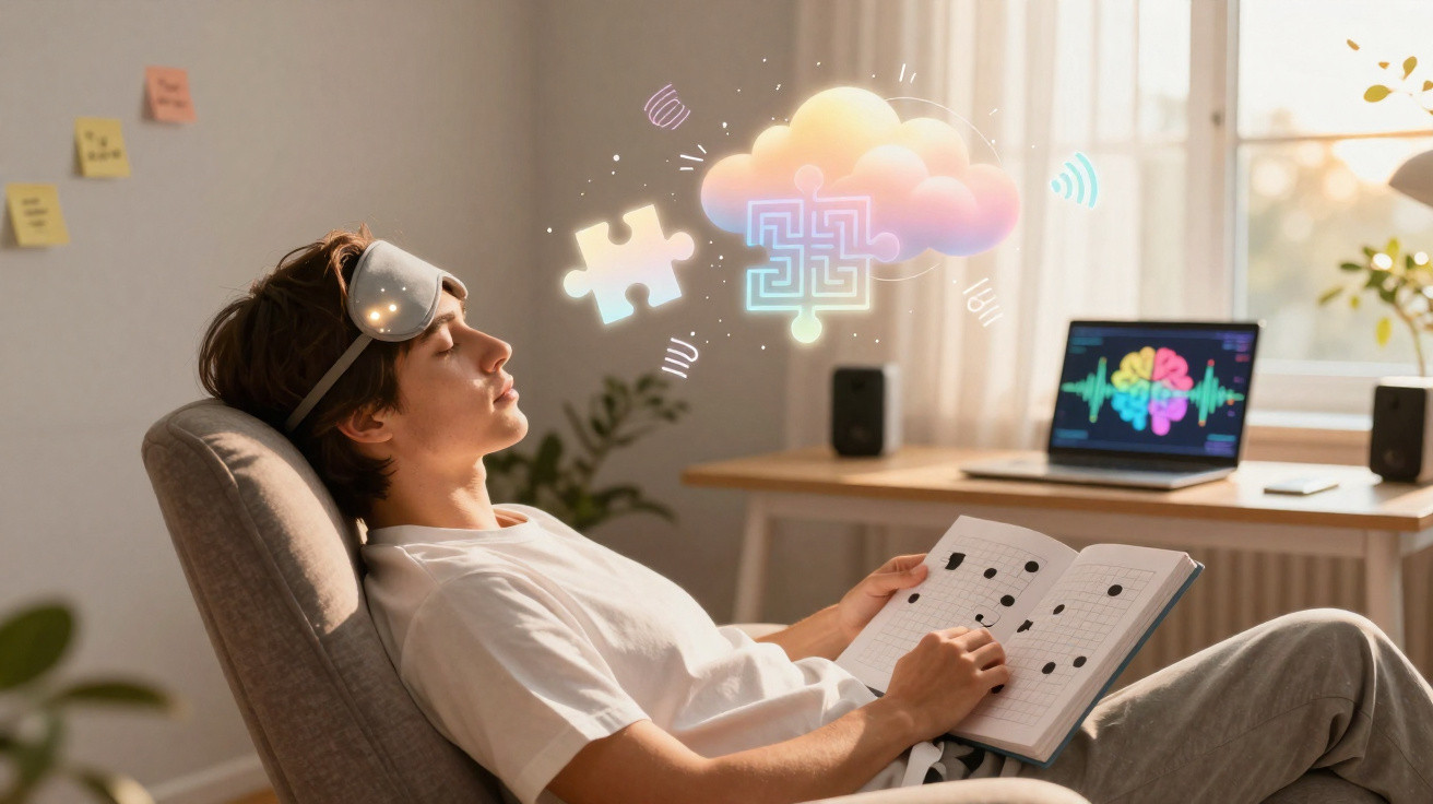 Jovem relaxa com máscara de descanso, segurando puzzle, enquanto imagina nuvem e quebra-cabeças coloridos.