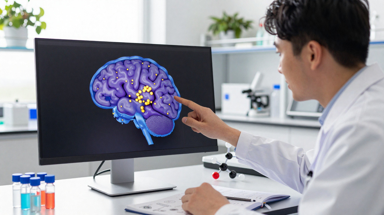 Cientista aponta para imagem digital do cérebro com áreas destacadas num laboratório moderno.